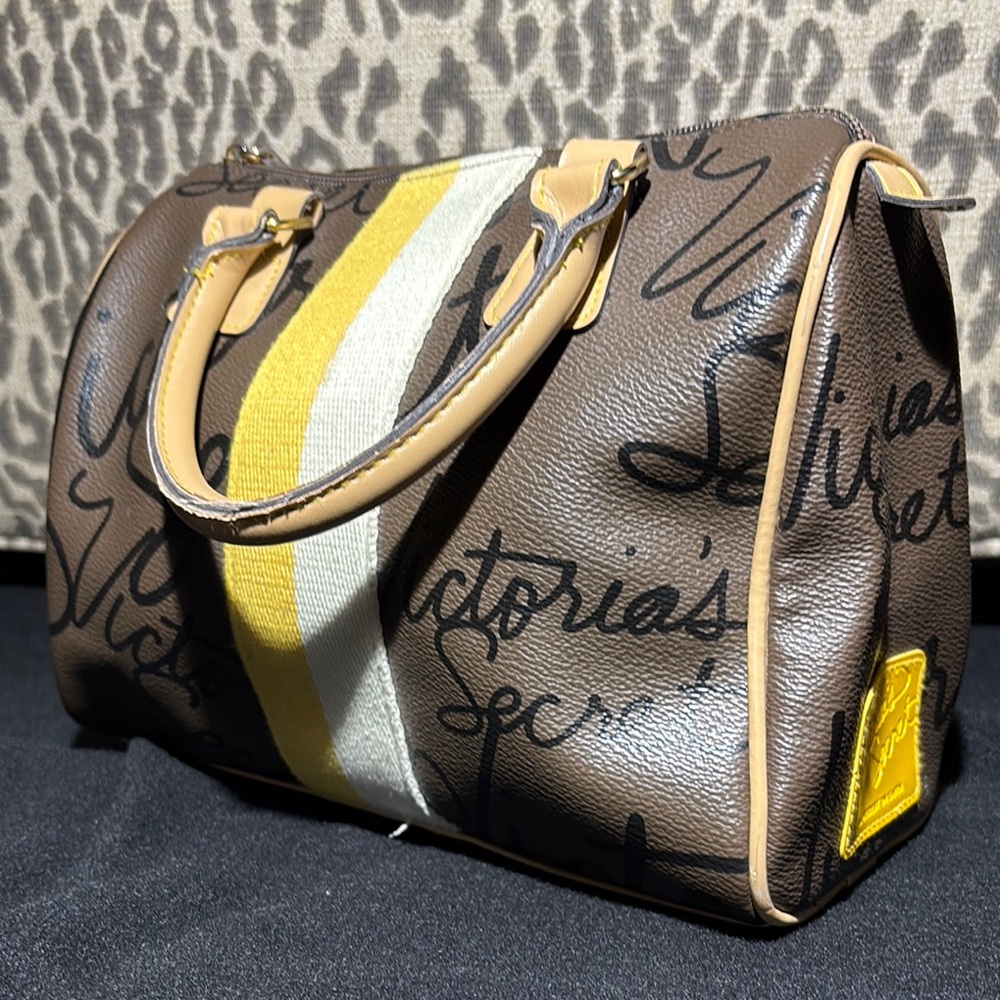 Victoria's Secret Brown Satchel with Yellow Stripe speedy style logo mini medium